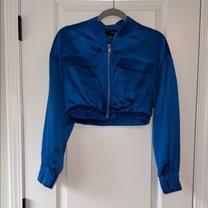 Forever 21 Royal Blue Satin Cropped Bomber Jacket